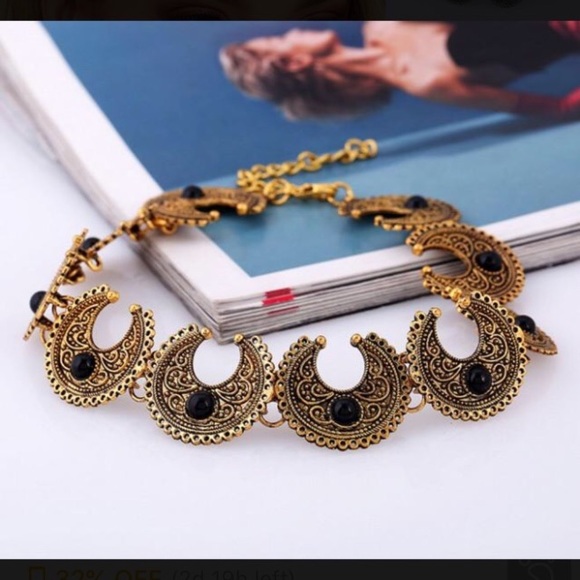 Crescent Moon, Gypsy Boho Choker Necklace NWT Silver & Turquoise, Gold & Black - Picture 3 of 7